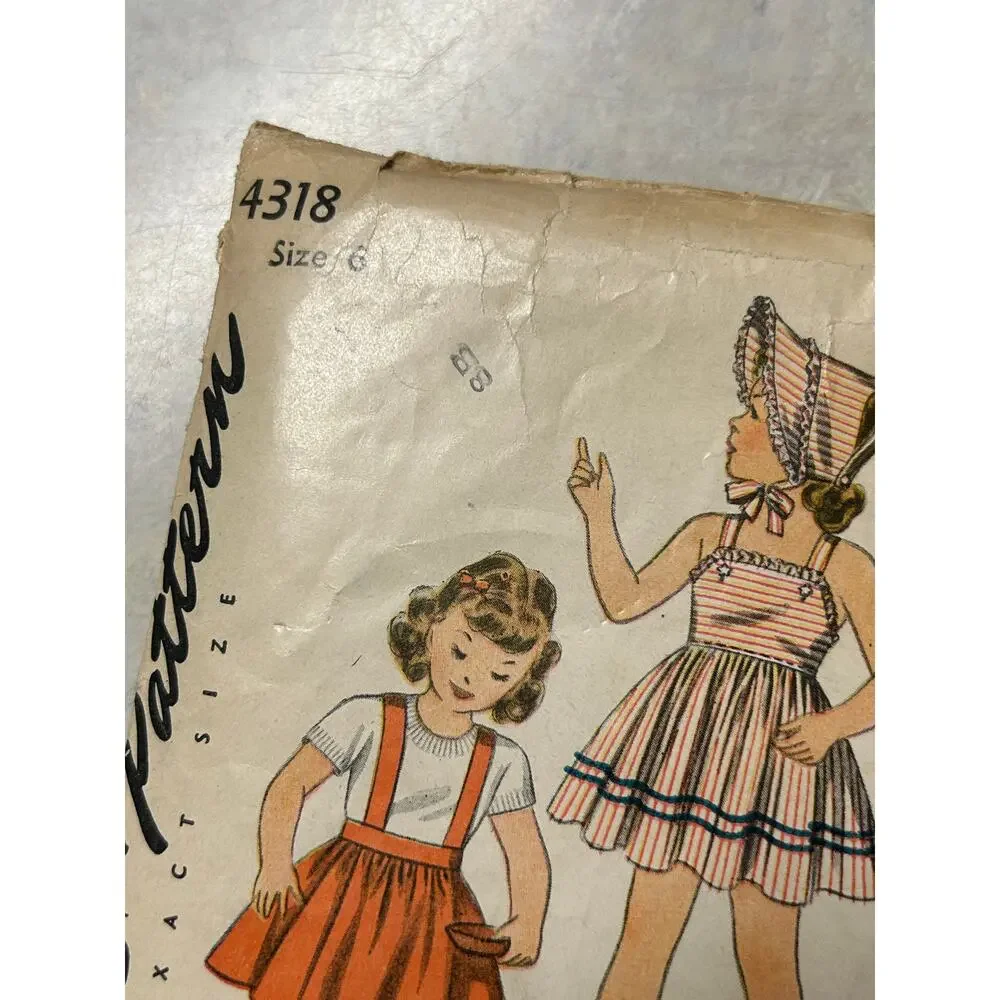 Vintage‎ 1940's Simplicity Pattern #4318 Girls Pinafore Skirts Size 6